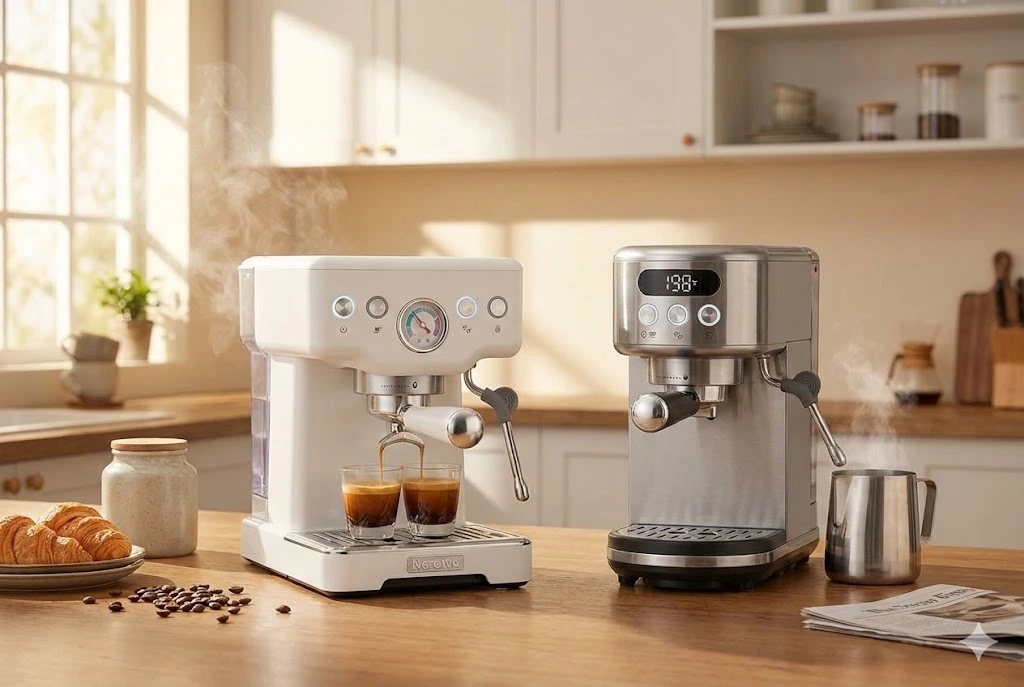 Neretva espresso machine vintage overview on white kitchen counter