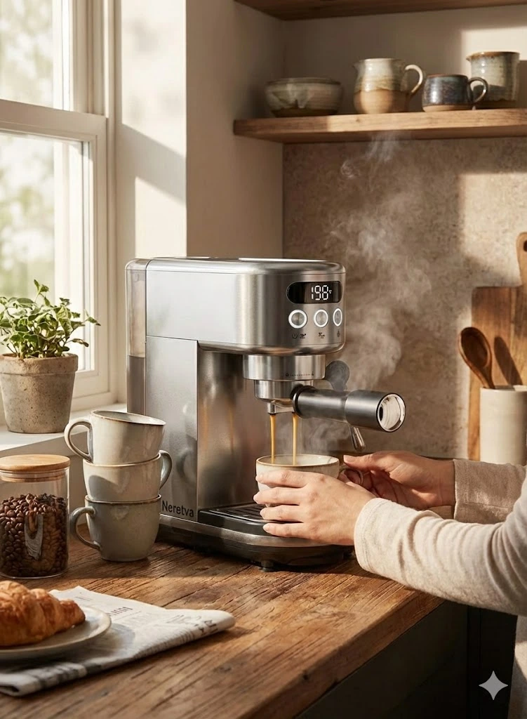 Neretva espresso machine sitting cleanly on modern kitchen countertop