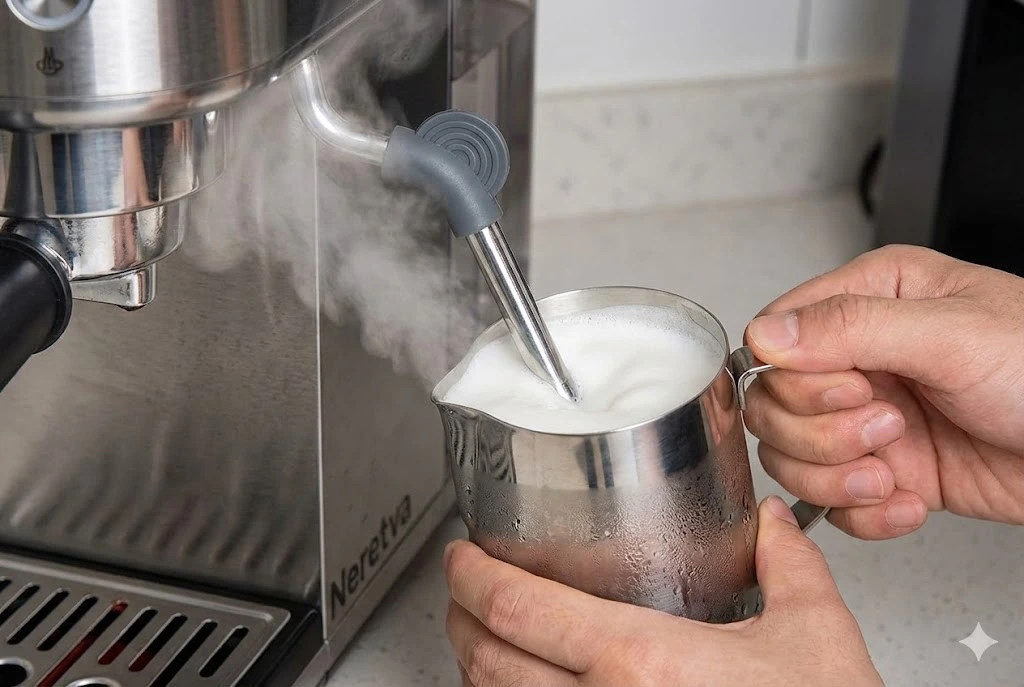 Neretva 20 bar espresso machine steam wand texturing milk for latte art